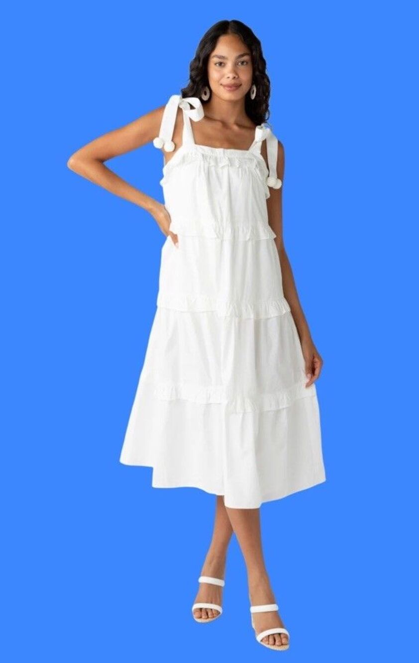 Fab’rik Callie Tiered Midi Dress White Beachy Vacation Size Small